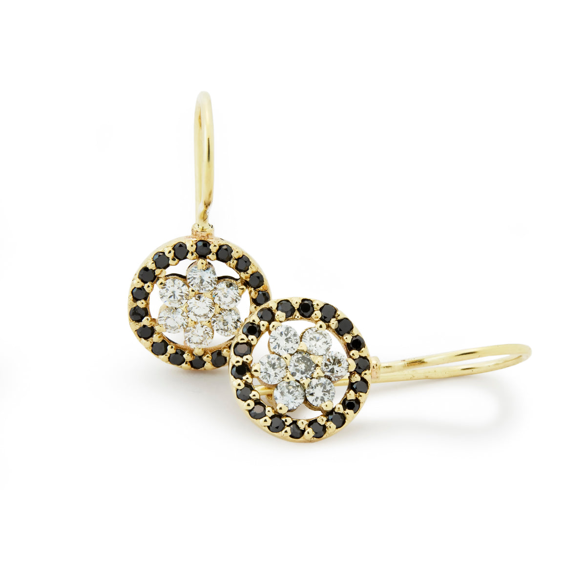 EG2246 Gold Drop Earrings with Clear Diamonds flower and surrounded by Black Diamonds