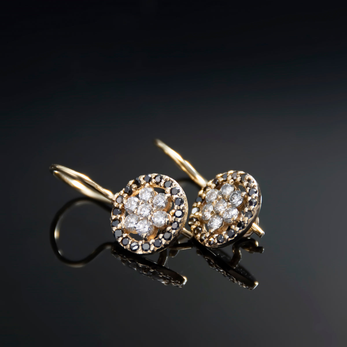 EG2246 Gold Drop Earrings with Clear Diamonds flower and surrounded by Black Diamonds