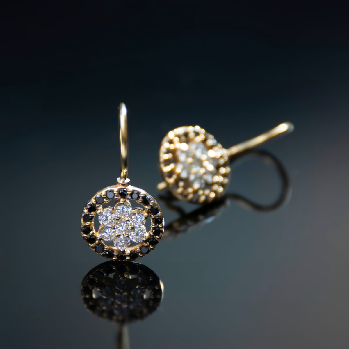 EG2246 Gold Drop Earrings with Clear Diamonds flower and surrounded by Black Diamonds