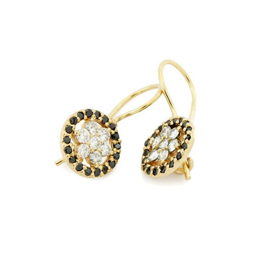 EG2246 Gold Drop Earrings with Clear Diamonds flower and surrounded by Black Diamonds