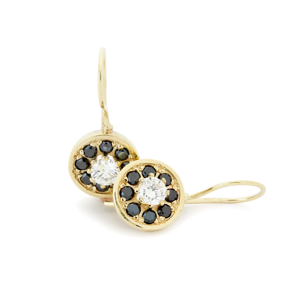 EG2247 Gold Drop Earrings with flower shaped Black and Clear Diamonds