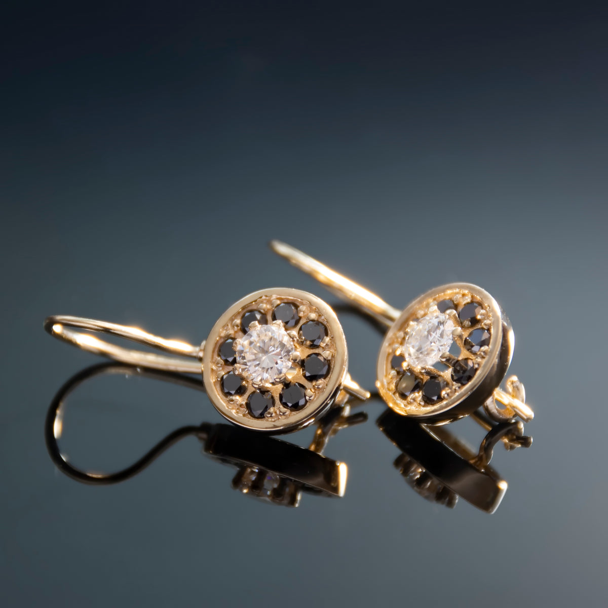 EG2247 Gold Drop Earrings with flower shaped Black and Clear Diamonds