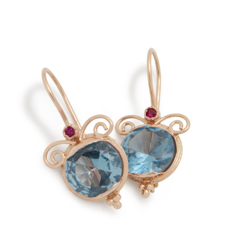 EG7807-4 Gold Drop Earrings with Blue Quarts and Ruby