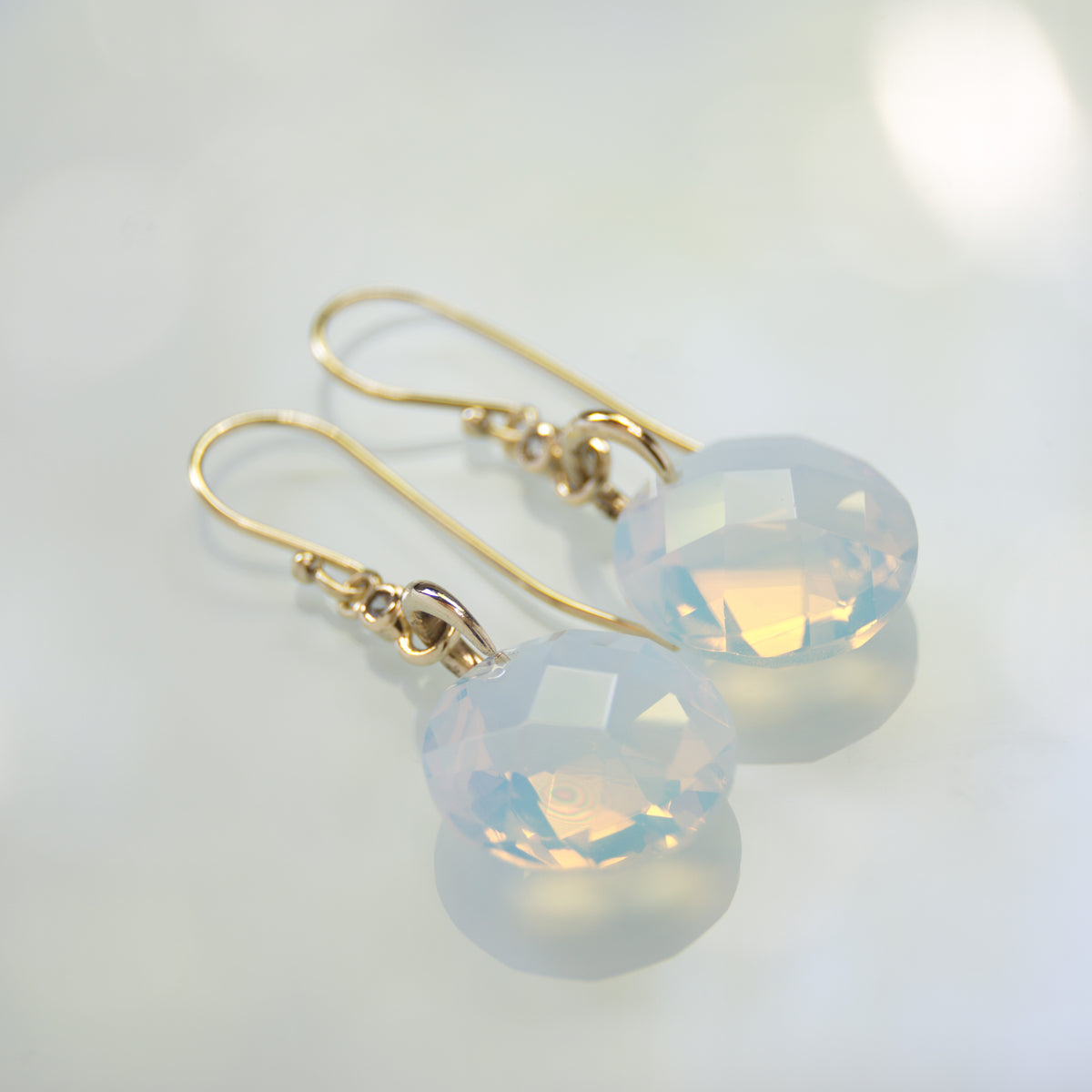 EG7894-2 Gold Dangle Earrings with Faceted Opalite and Tiny Zircons