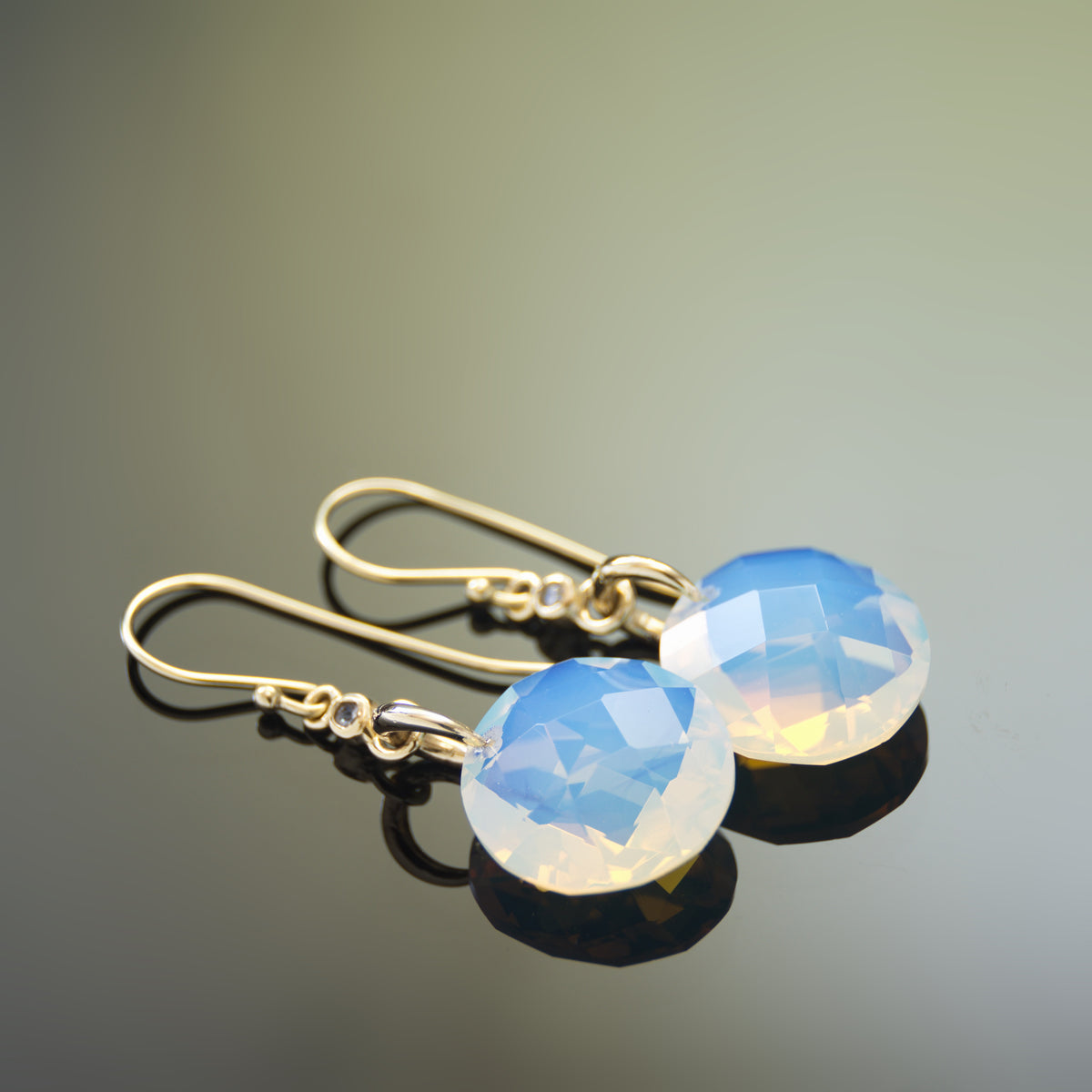 EG7894-2 Gold Dangle Earrings with Faceted Opalite and Tiny Zircons