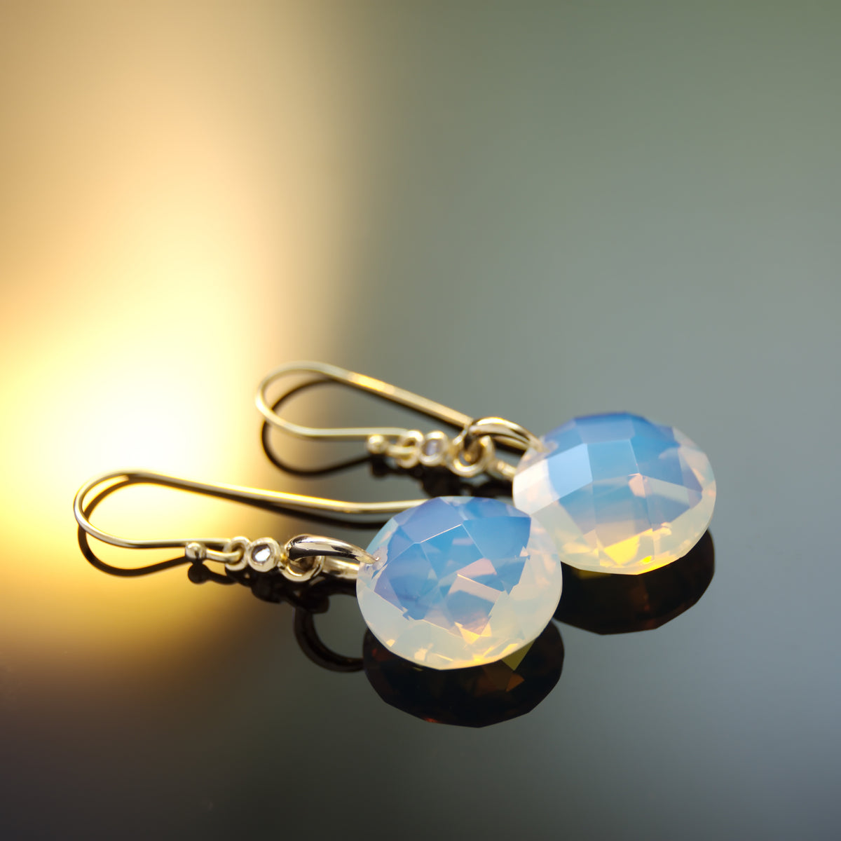 EG7894-2 Gold Dangle Earrings with Faceted Opalite and Tiny Zircons