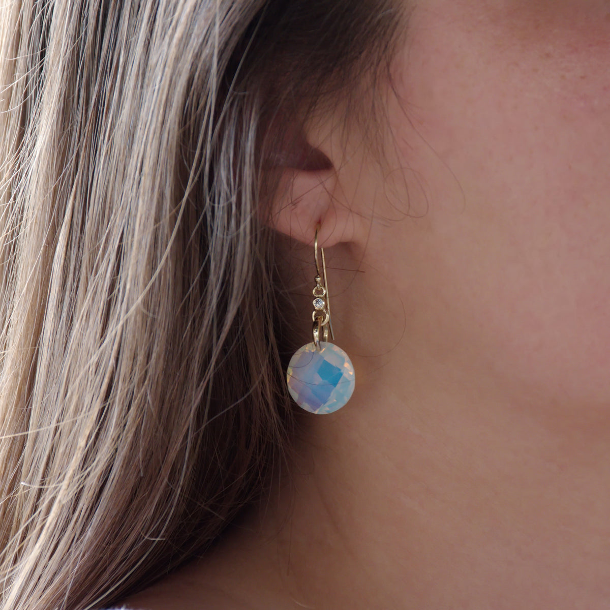 EG7894-2 Gold Dangle Earrings with Faceted Opalite and Tiny Zircons