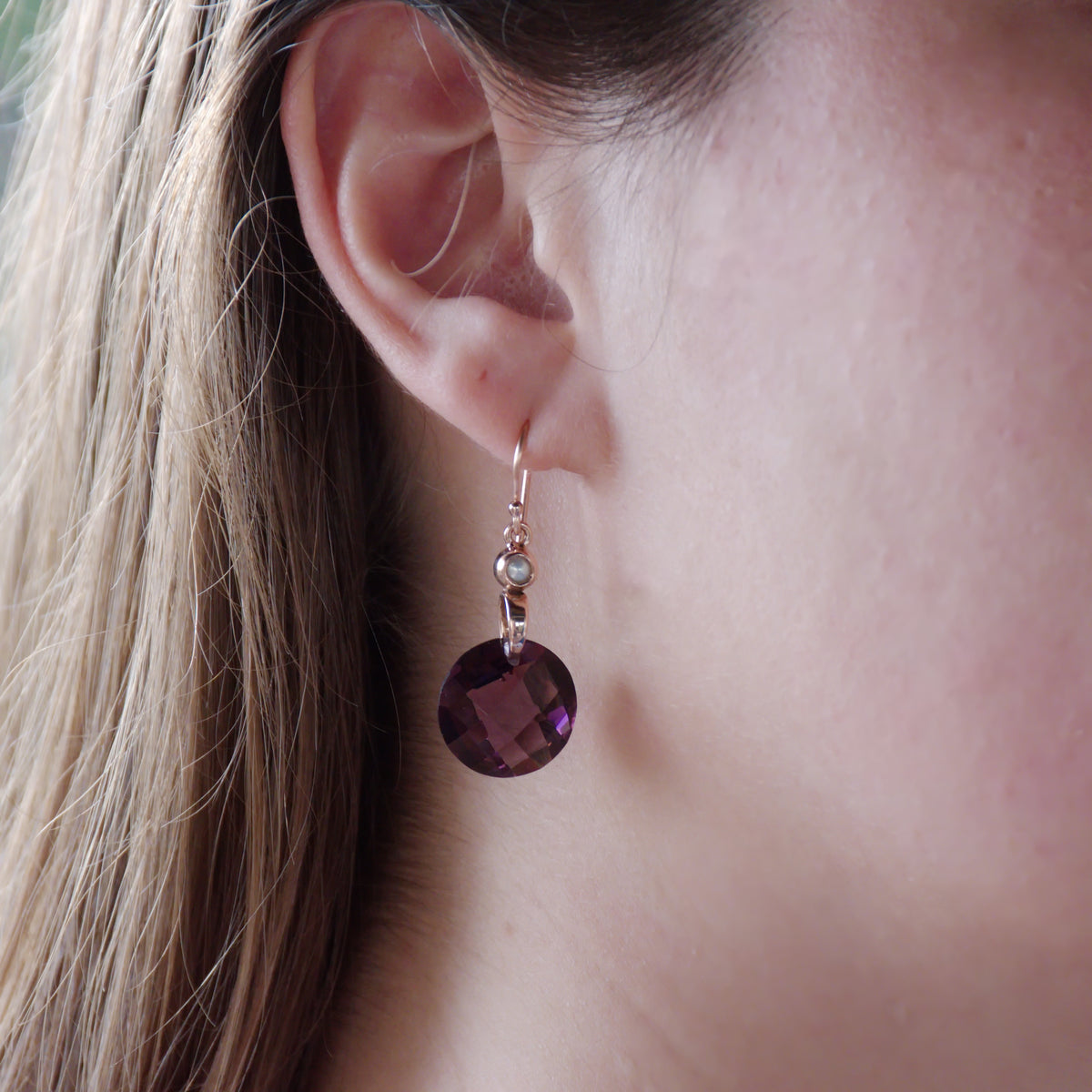 EG7895 Purple Quartz and Gold Earrings with Tiny Pearls