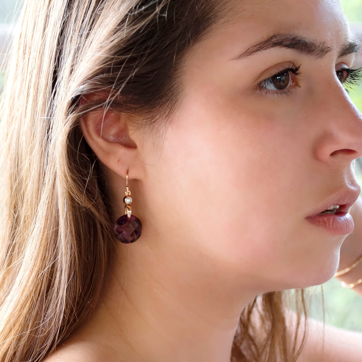 EG7895 Purple Quartz and Gold Earrings with Tiny Pearls