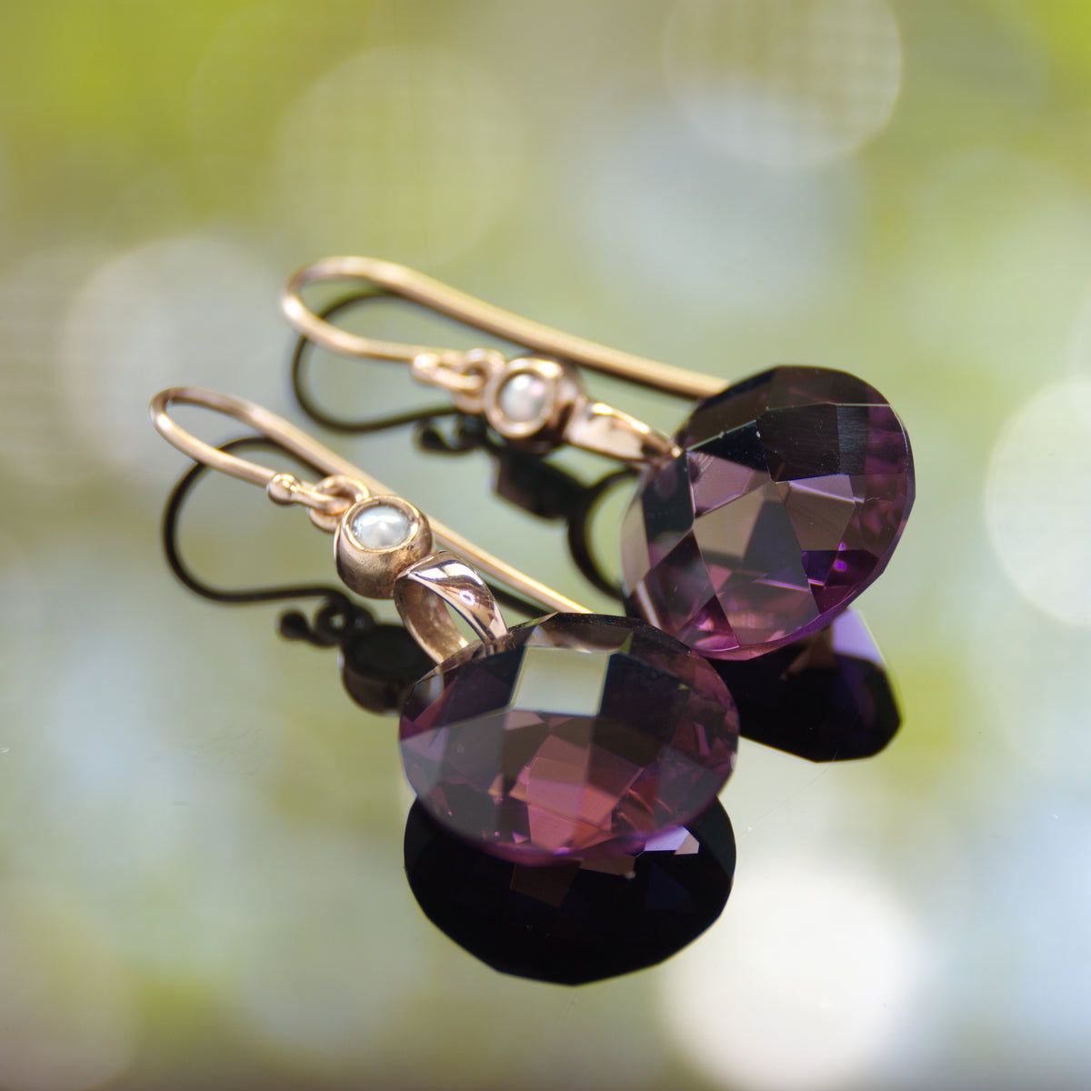 EG7895 Purple Quartz and Gold Earrings with Tiny Pearls