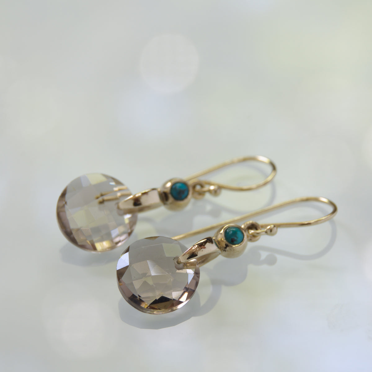 EG7895 Smoky Quartz and Gold Earrings with Turquoise