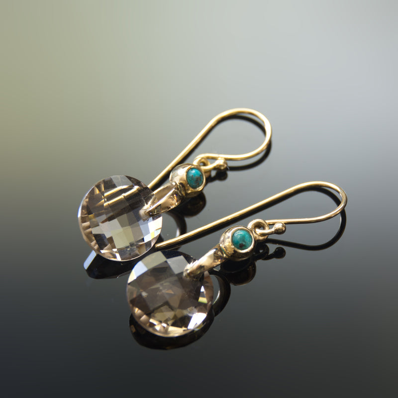 EG7895 Smoky Quartz and Gold Earrings with Turquoise