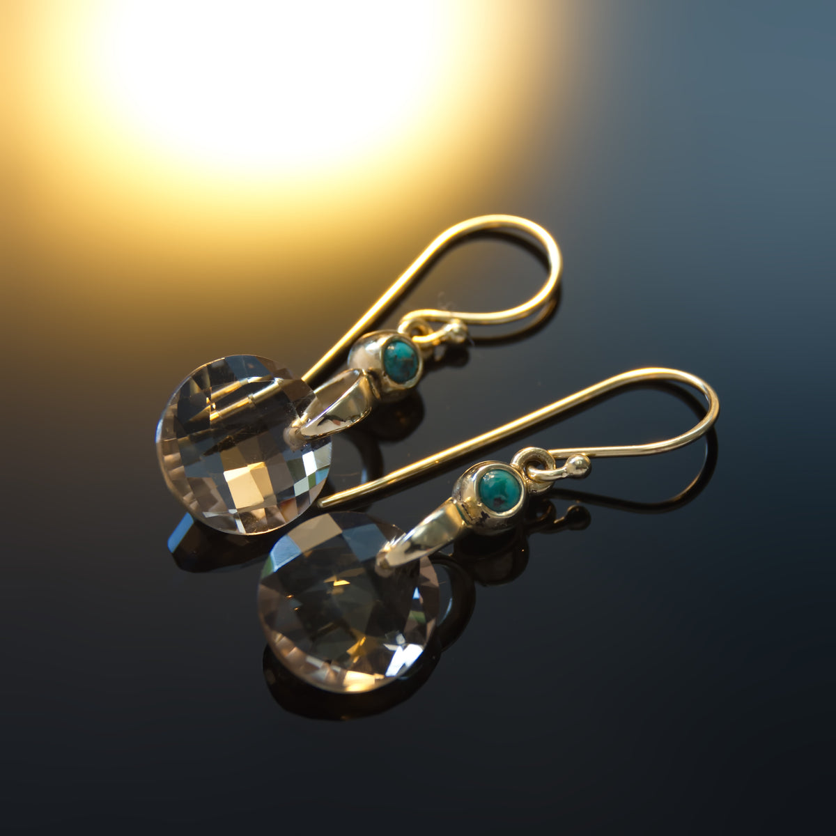 EG7895 Smoky Quartz and Gold Earrings with Turquoise