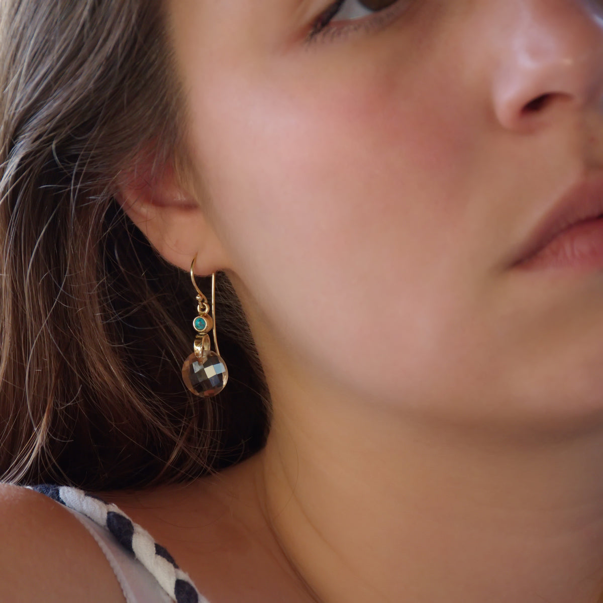 EG7895 Smoky Quartz and Gold Earrings with Turquoise