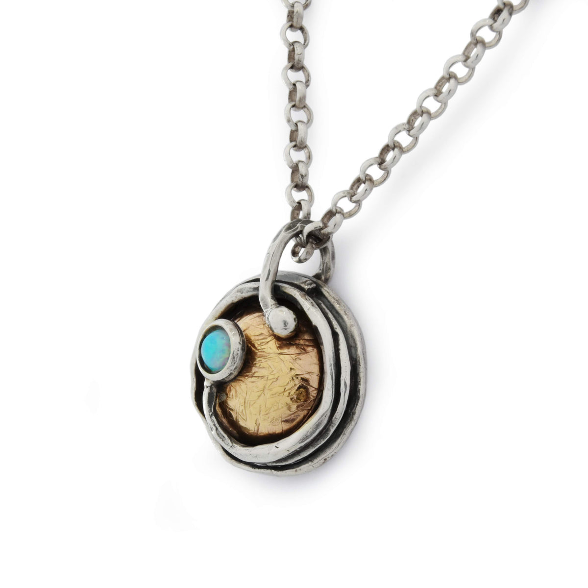 N8980X Rustic necklace with two tone pendant and blue Opal