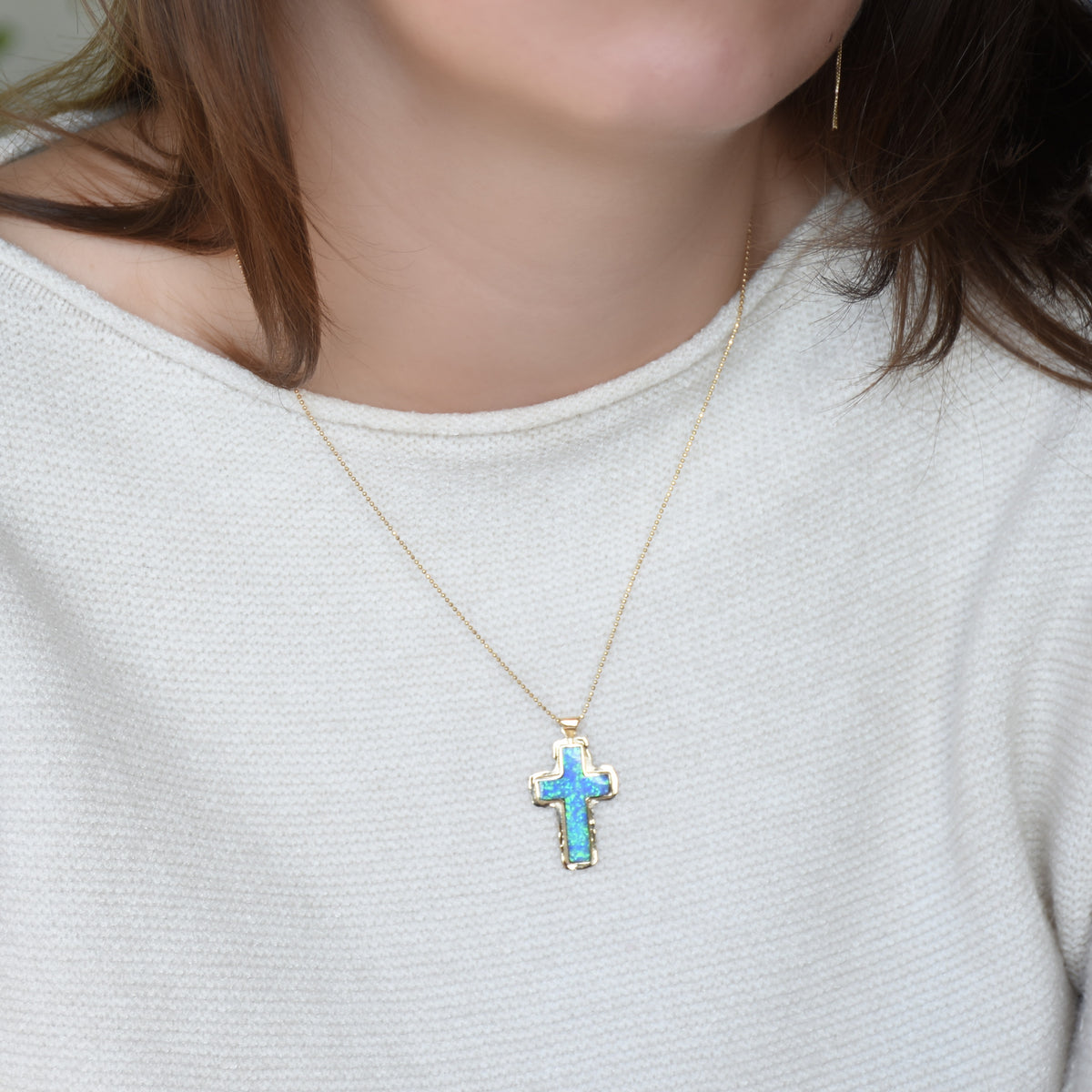 NG0846 Gold Necklace with Opal Cross Pendant