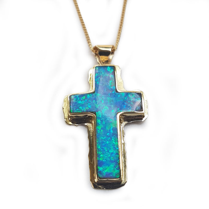 Women's Blue Synthetic Opal Cross Necklace
