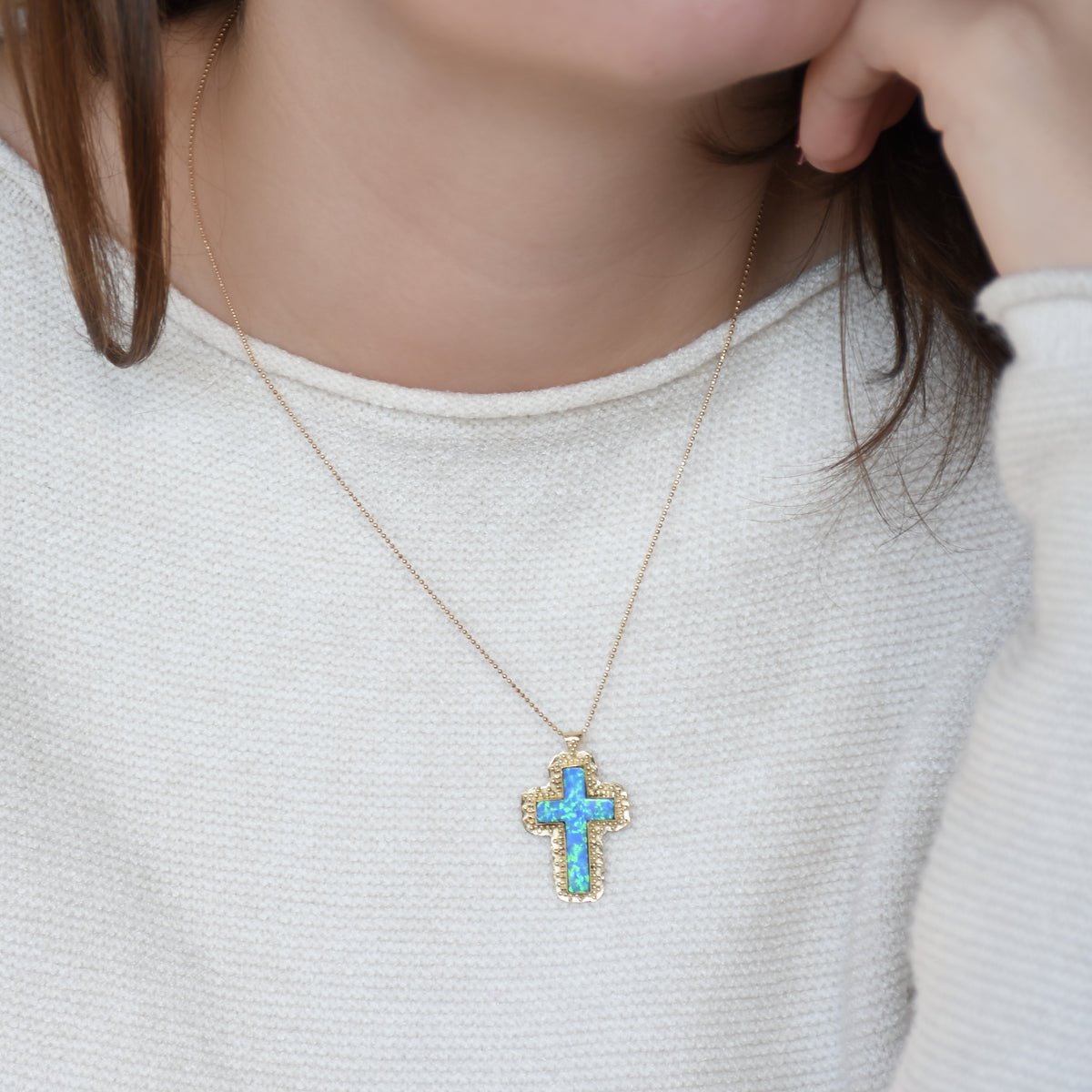 NG0847 Filigree Opal and Gold Cross Necklace