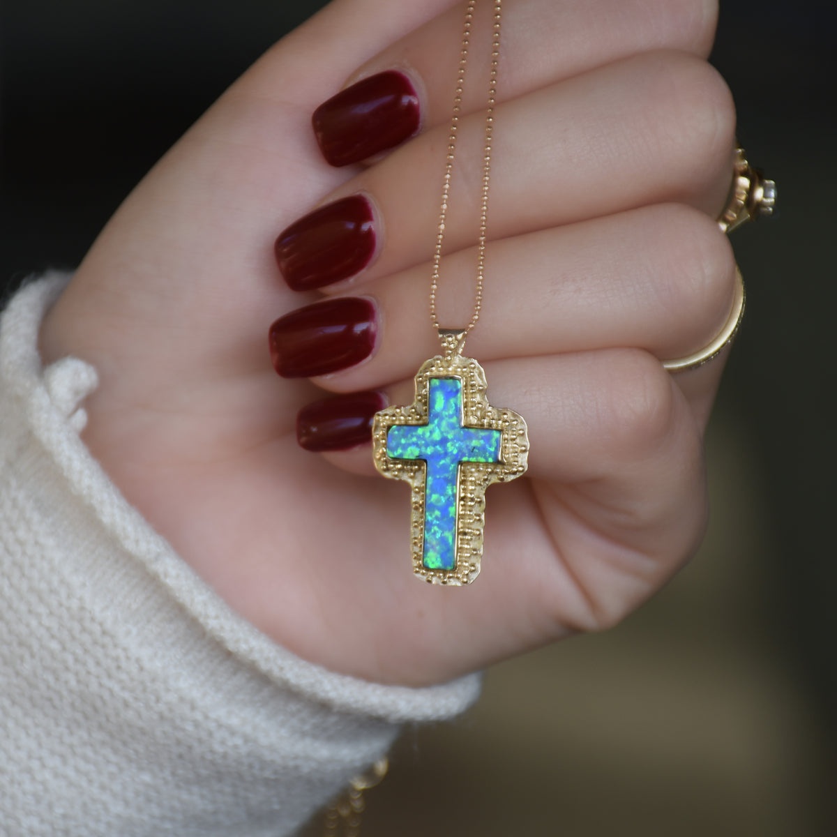 NG0847 Filigree Opal and Gold Cross Necklace