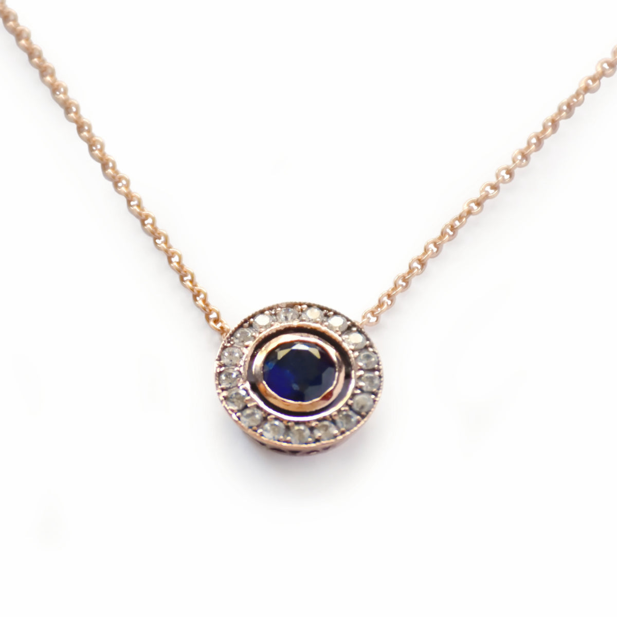 NG4752 Gold Necklace with Round Sapphire and Zircons Pendant