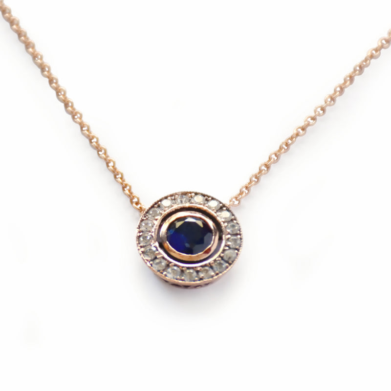 NG4752 Gold Necklace with Round Sapphire and Zircons Pendant