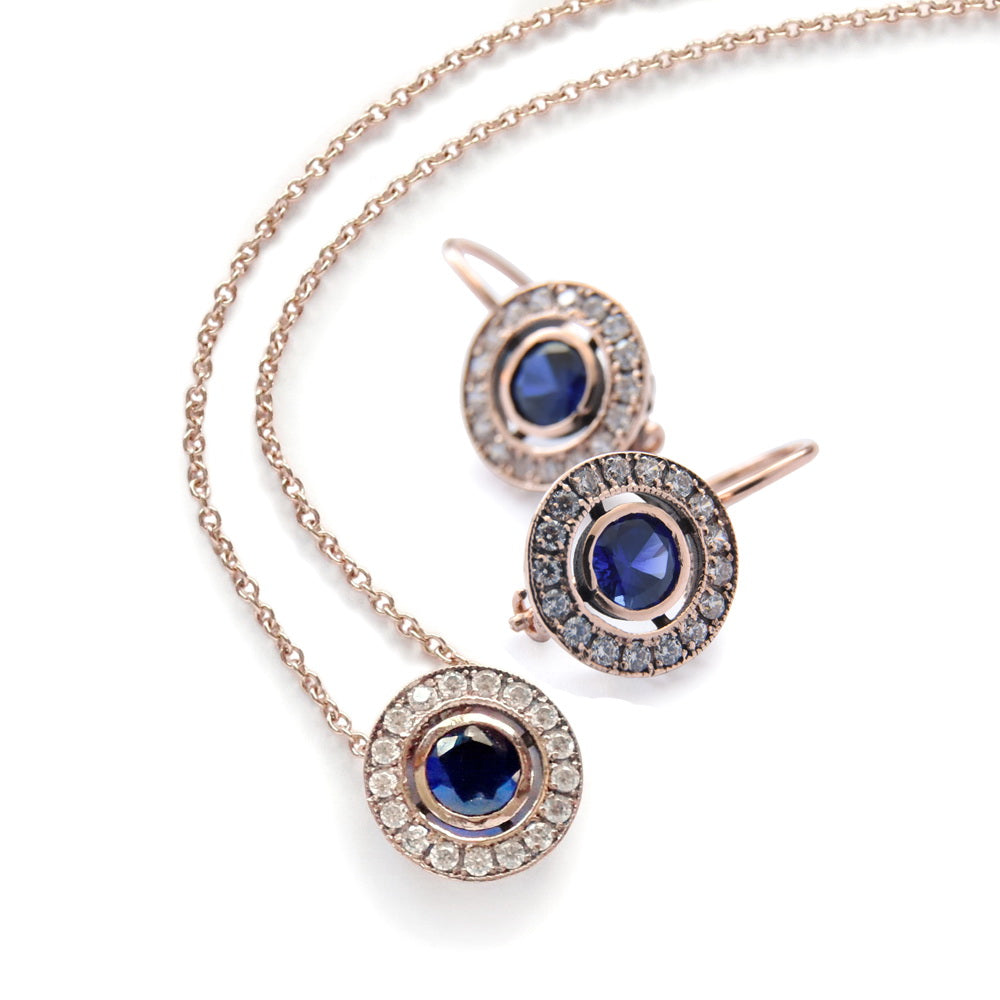 NG4752 Gold Necklace with Round Sapphire and Zircons Pendant