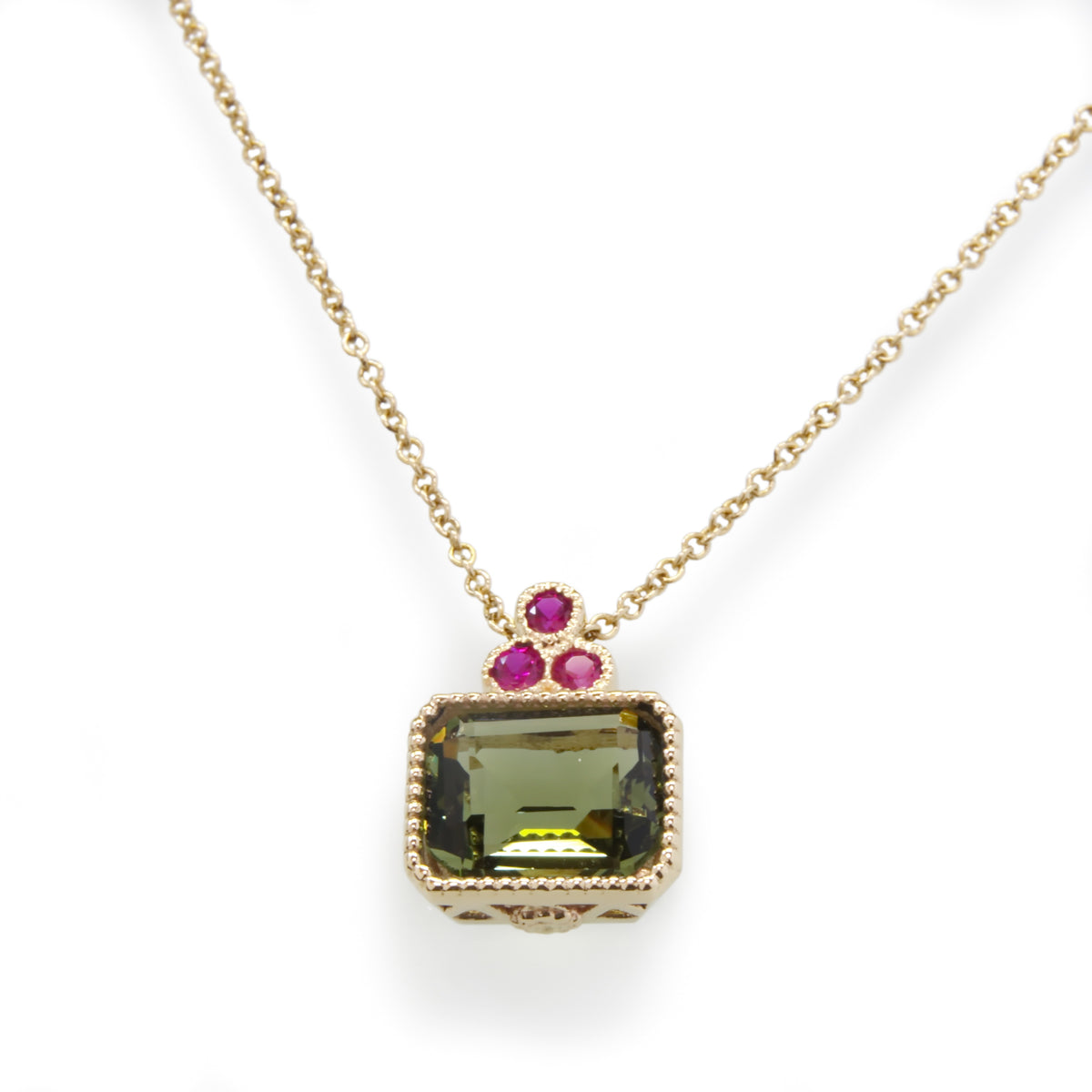 NG4755-1 Gold Charm Necklace with Square Green Spinel and Ruby