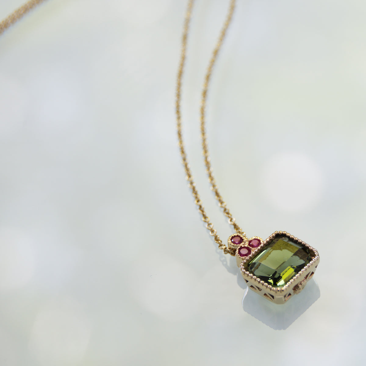 NG4755-1 Gold Charm Necklace with Square Green Spinel and Ruby