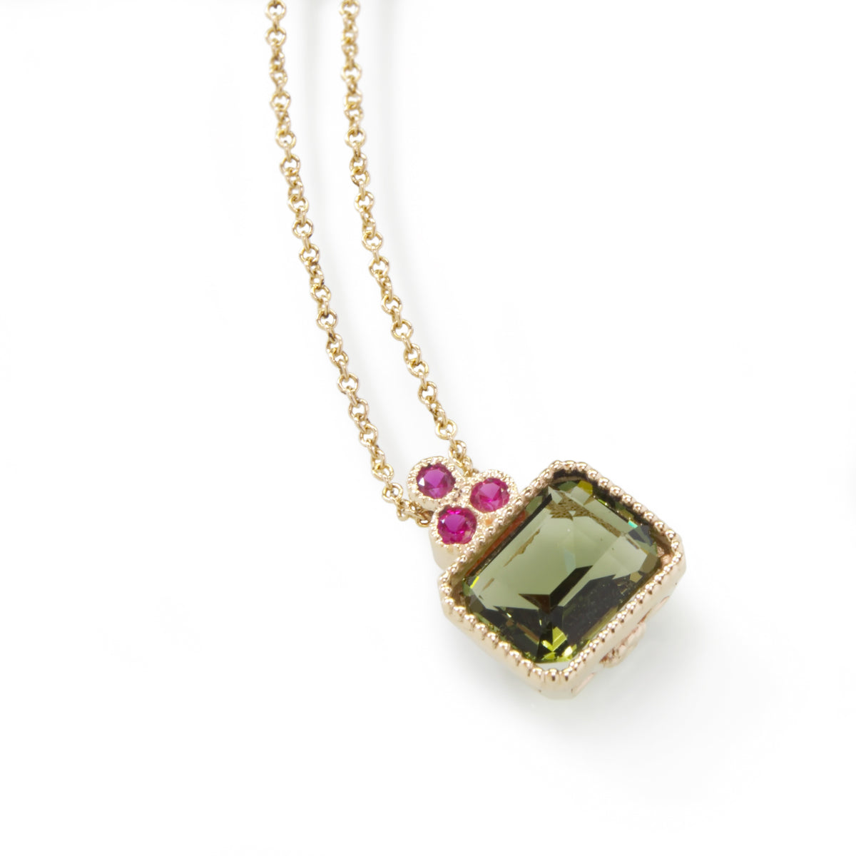 NG4755-1 Gold Charm Necklace with Square Green Spinel and Ruby