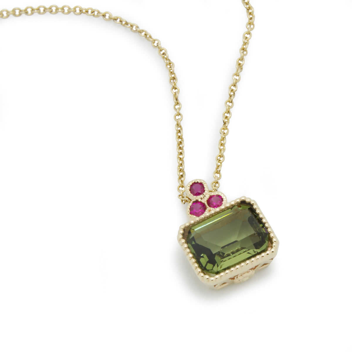 NG4755-1 Gold Charm Necklace with Square Green Spinel and Ruby