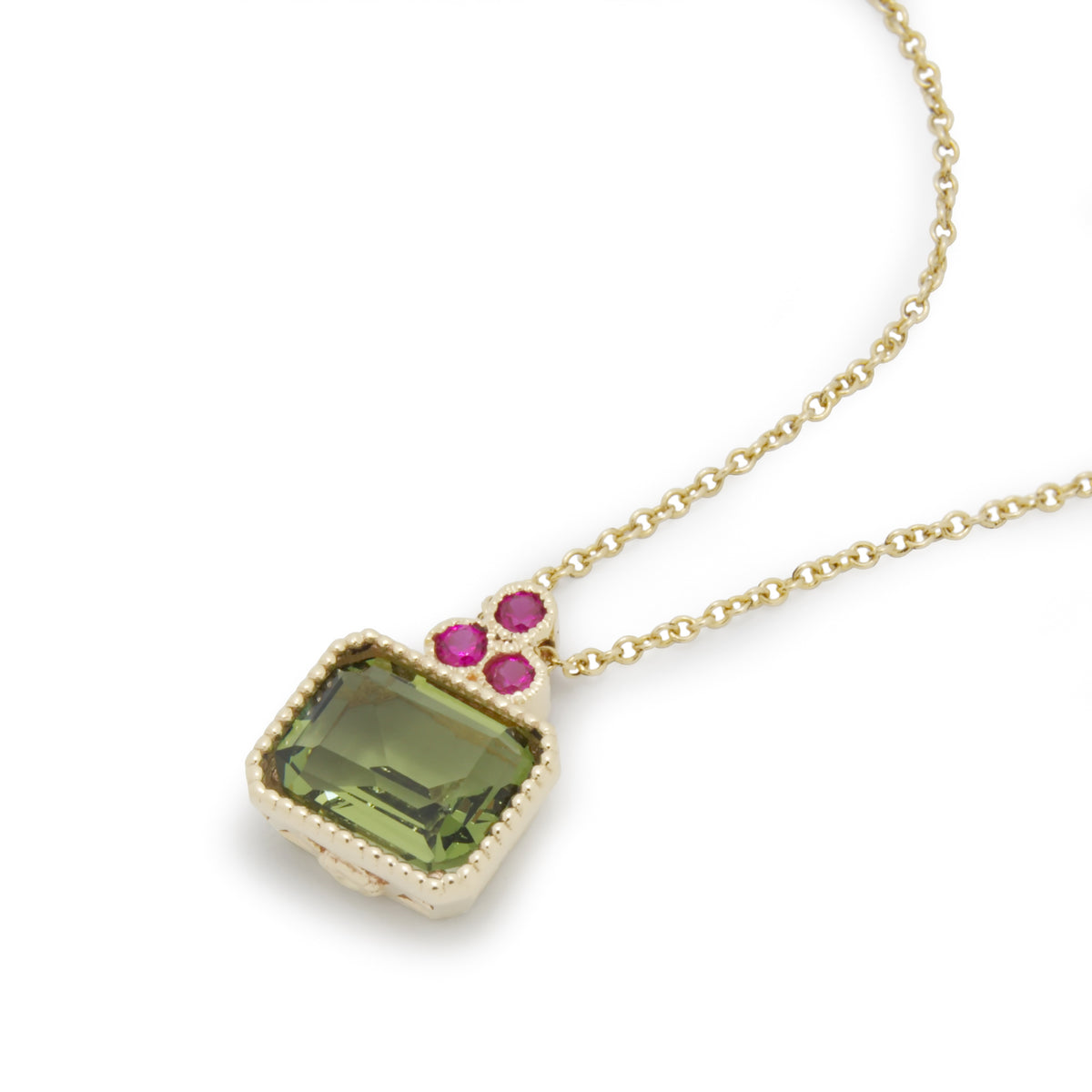 NG4755-1 Gold Charm Necklace with Square Green Spinel and Ruby