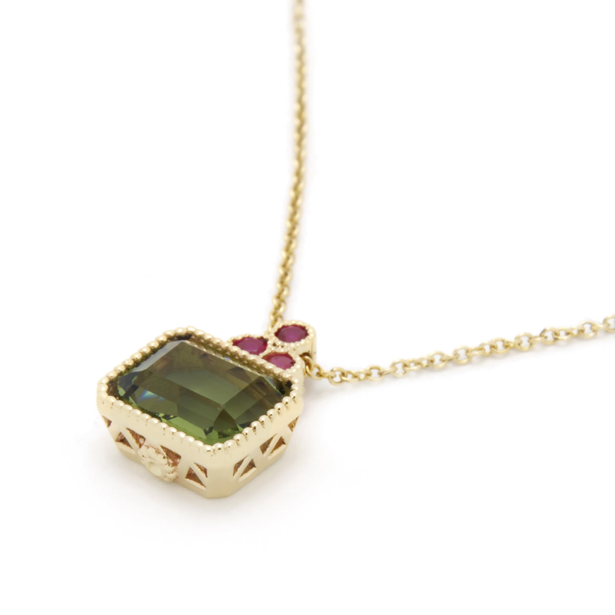 NG4755-1 Gold Charm Necklace with Square Green Spinel and Ruby