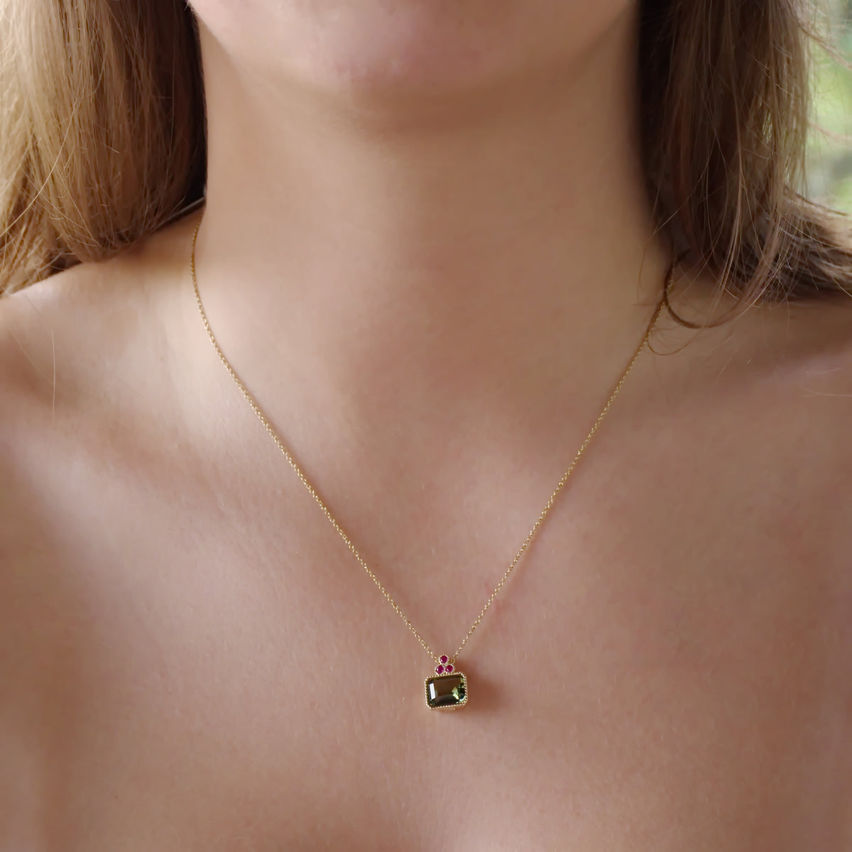 NG4755-1 Gold Charm Necklace with Square Green Spinel and Ruby