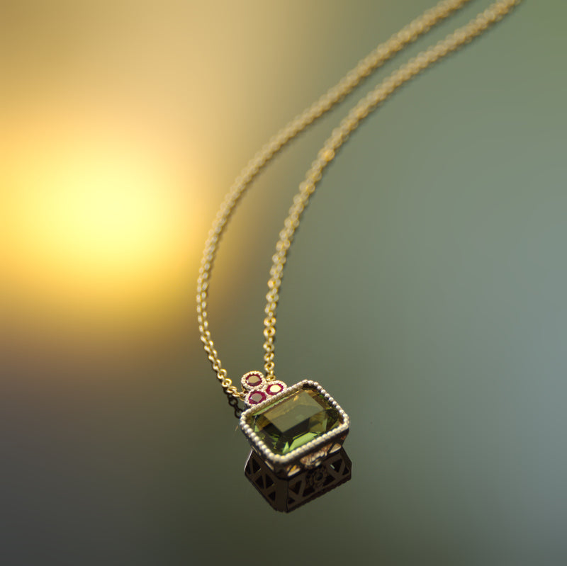 NG4755-1 Gold Charm Necklace with Square Green Spinel and Ruby
