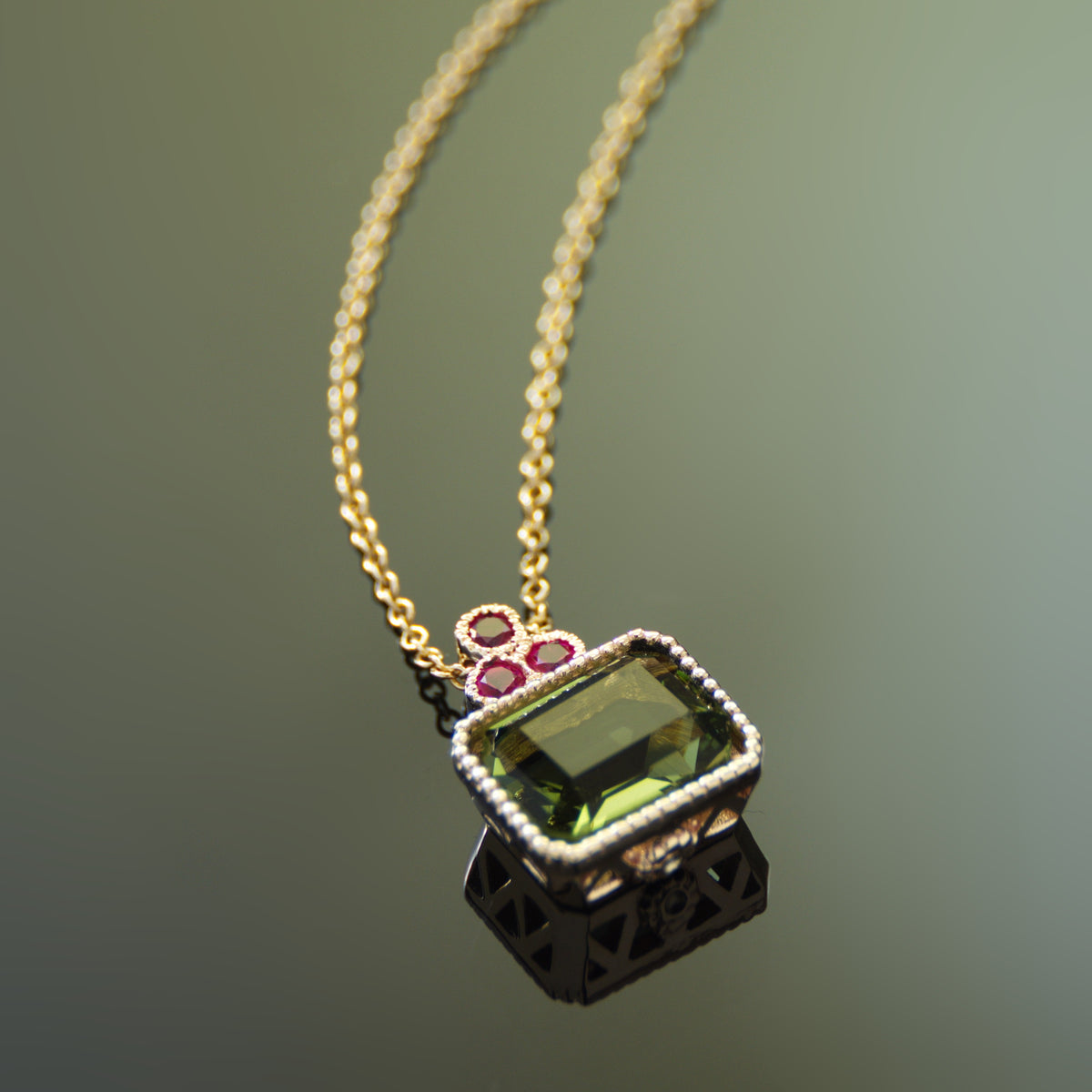 NG4755-1 Gold Charm Necklace with Square Green Spinel and Ruby