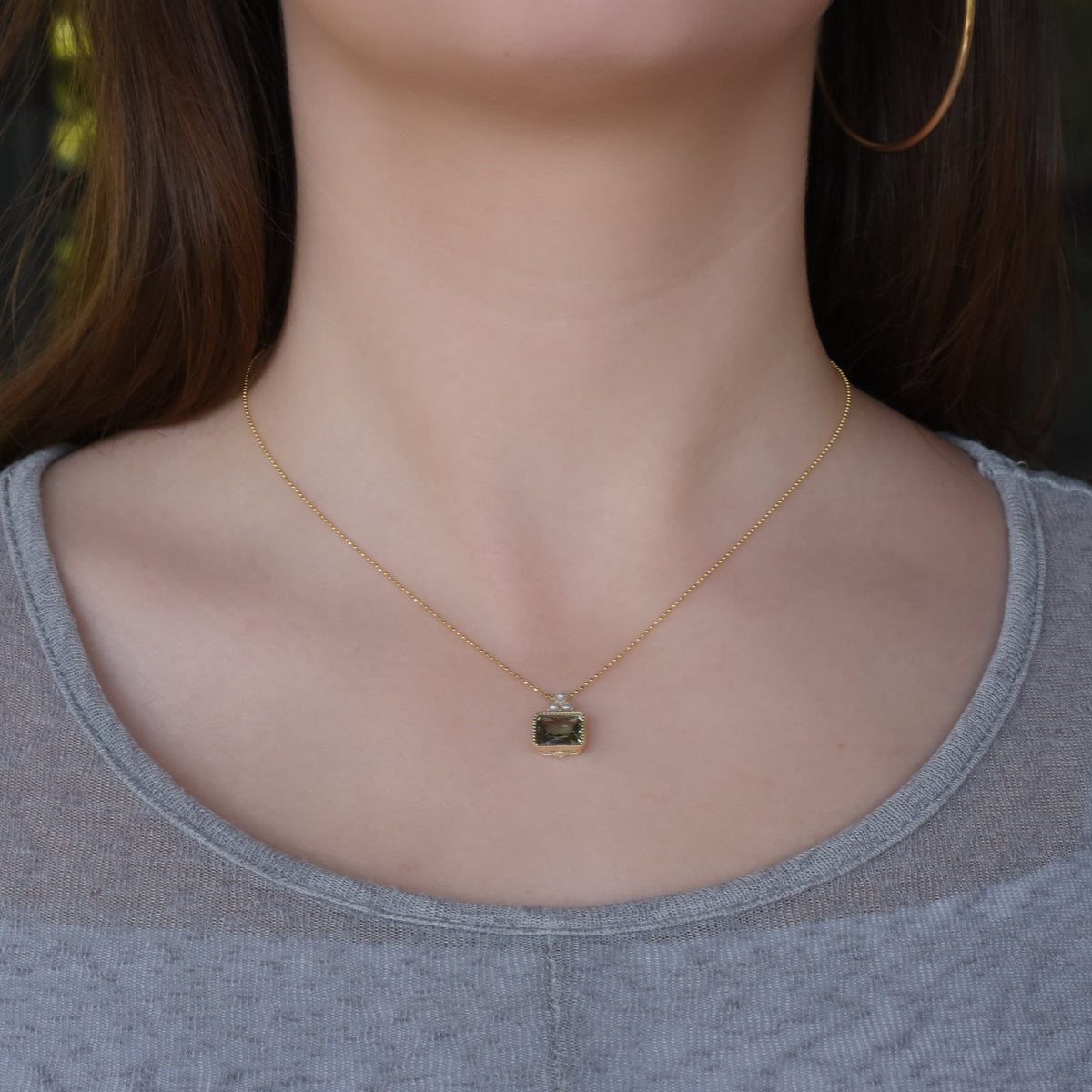 NG4755 Gold Charm Necklace with Square Green Spinel