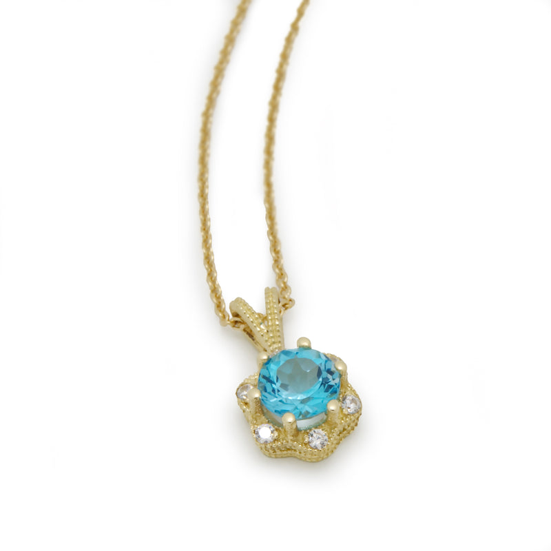 NG4757-1 Gold Necklace with Blue Topaz and Diamonds Flower Pendant