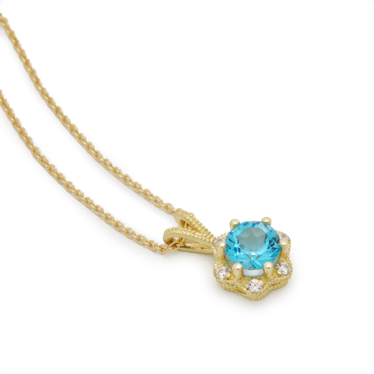 NG4757-1 Gold Necklace with Blue Topaz and Diamonds Flower Pendant