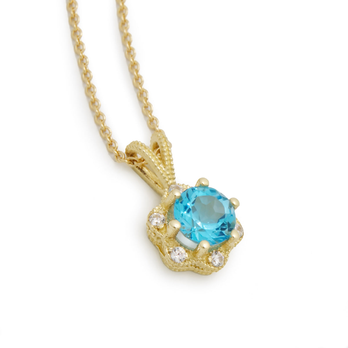 NG4757-1 Gold Necklace with Blue Topaz and Diamonds Flower Pendant