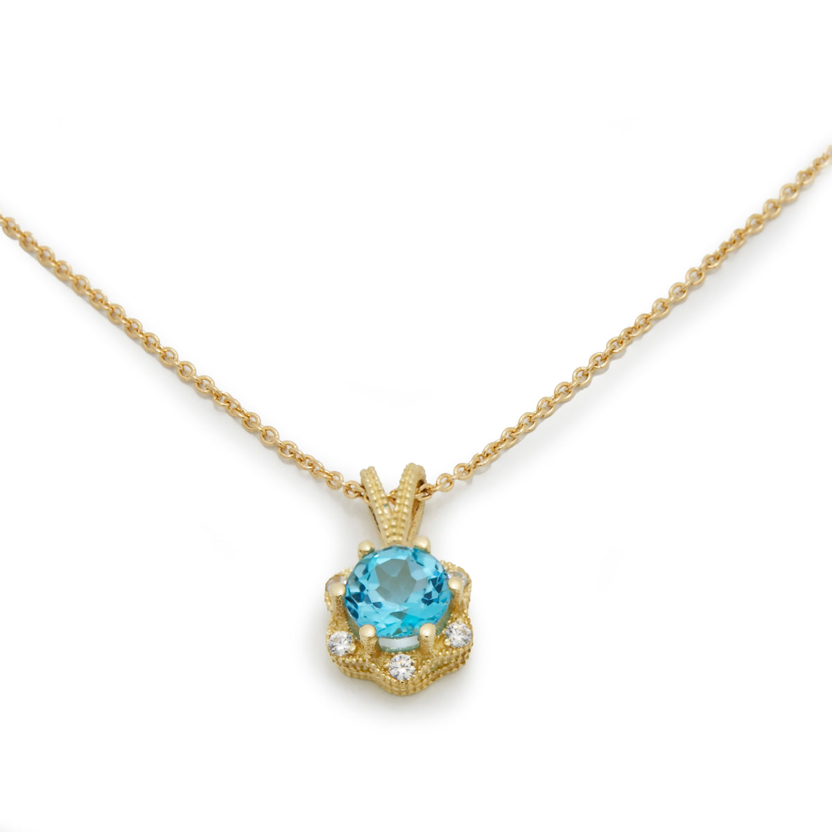 NG4757-1 Gold Necklace with Blue Topaz and Diamonds Flower Pendant