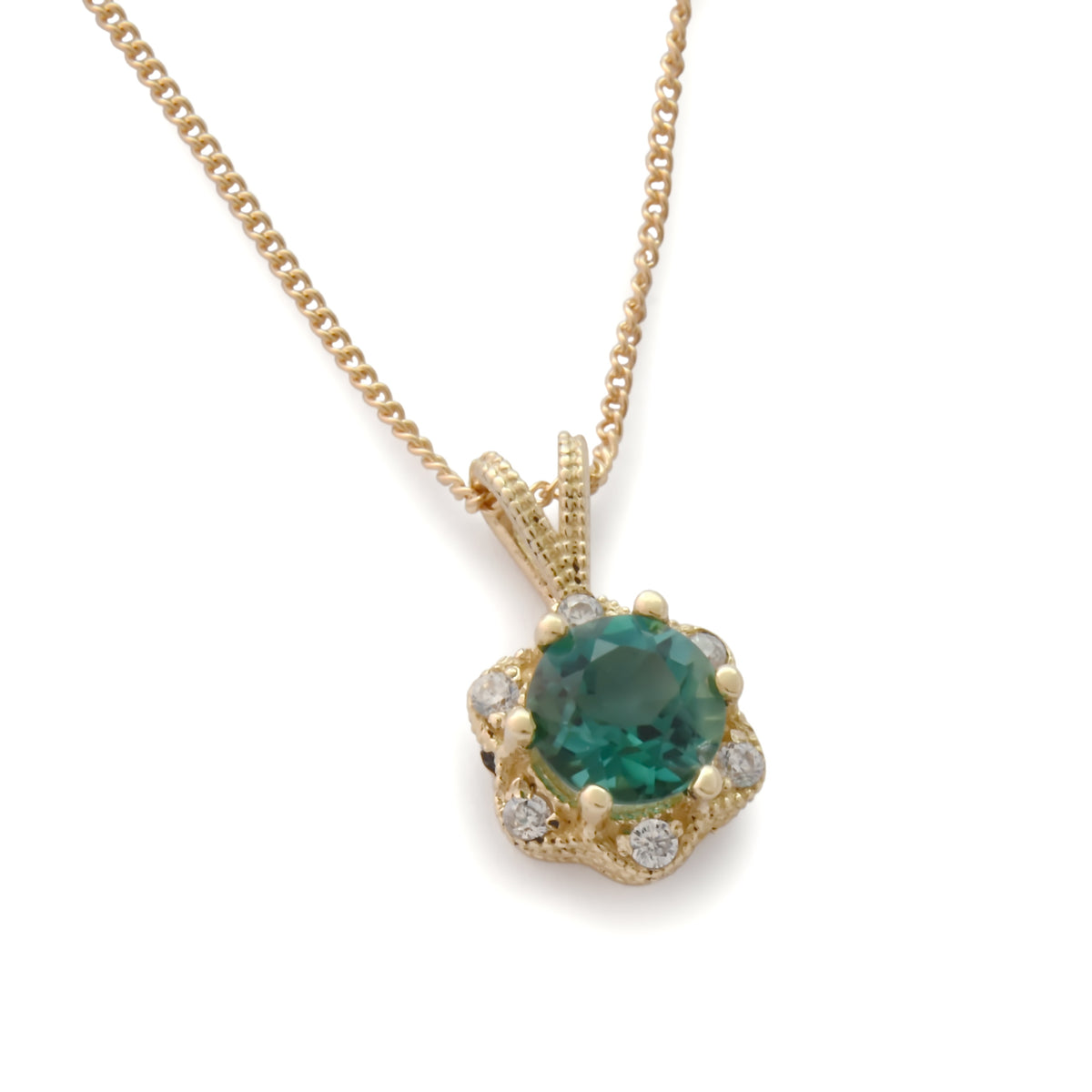 NG4757 Gold Necklace with Green Spinel and Zircons Flower Pendant