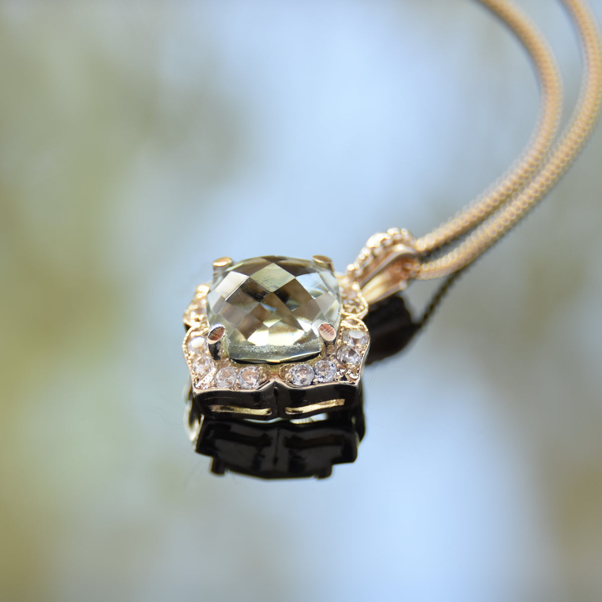 NG4758 Glamorous Gold Necklace with Green Amethyst and clear zircons