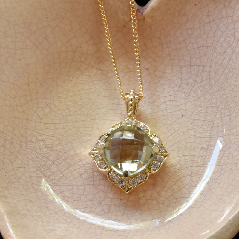 NG4758 Glamorous Gold Necklace with Green Amethyst and clear zircons