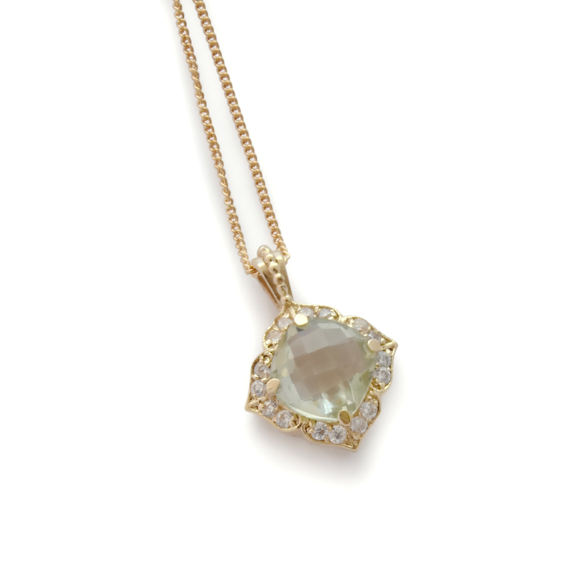 NG4758 Glamorous Gold Necklace with Green Amethyst and clear zircons