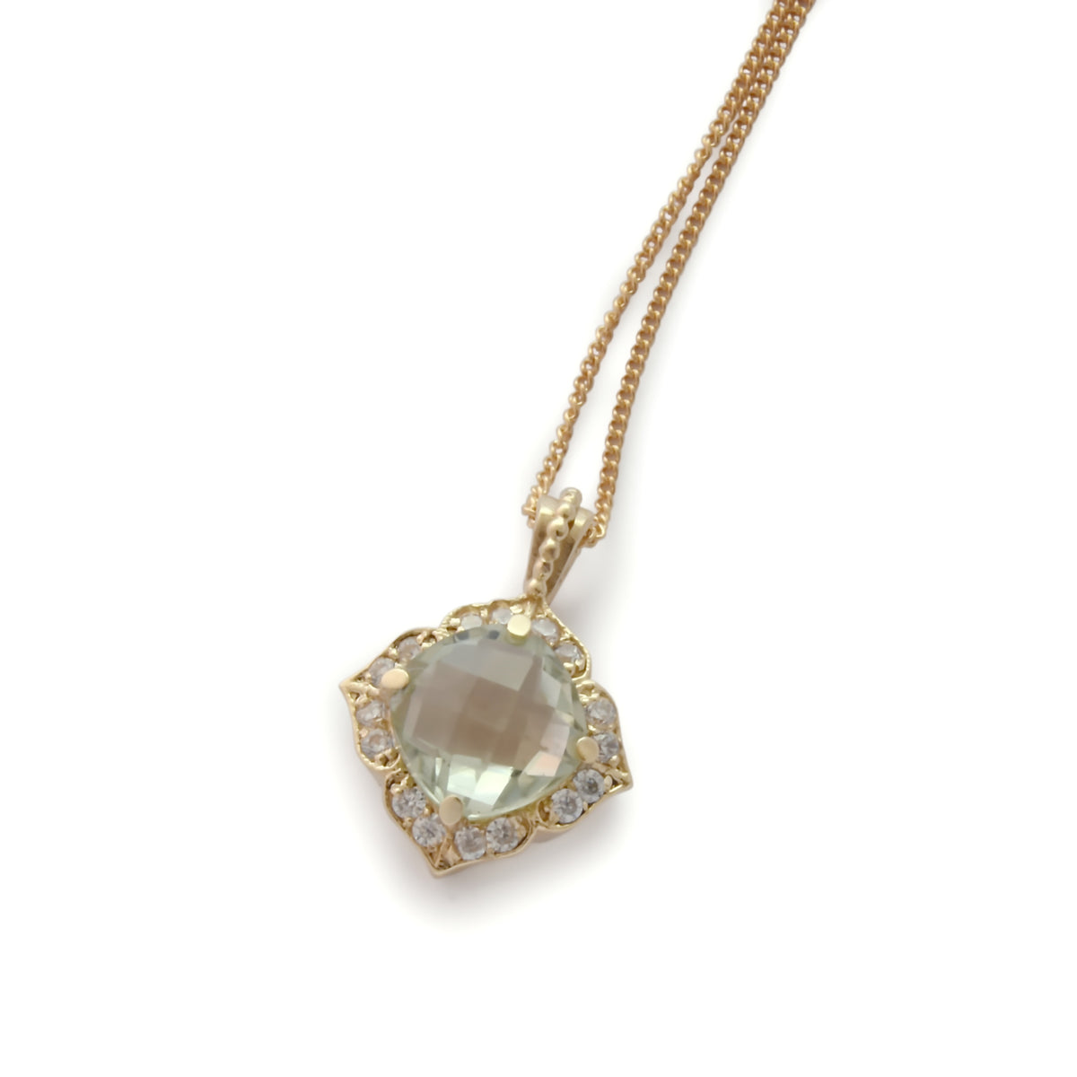 NG4758 Glamorous Gold Necklace with Green Amethyst and clear zircons