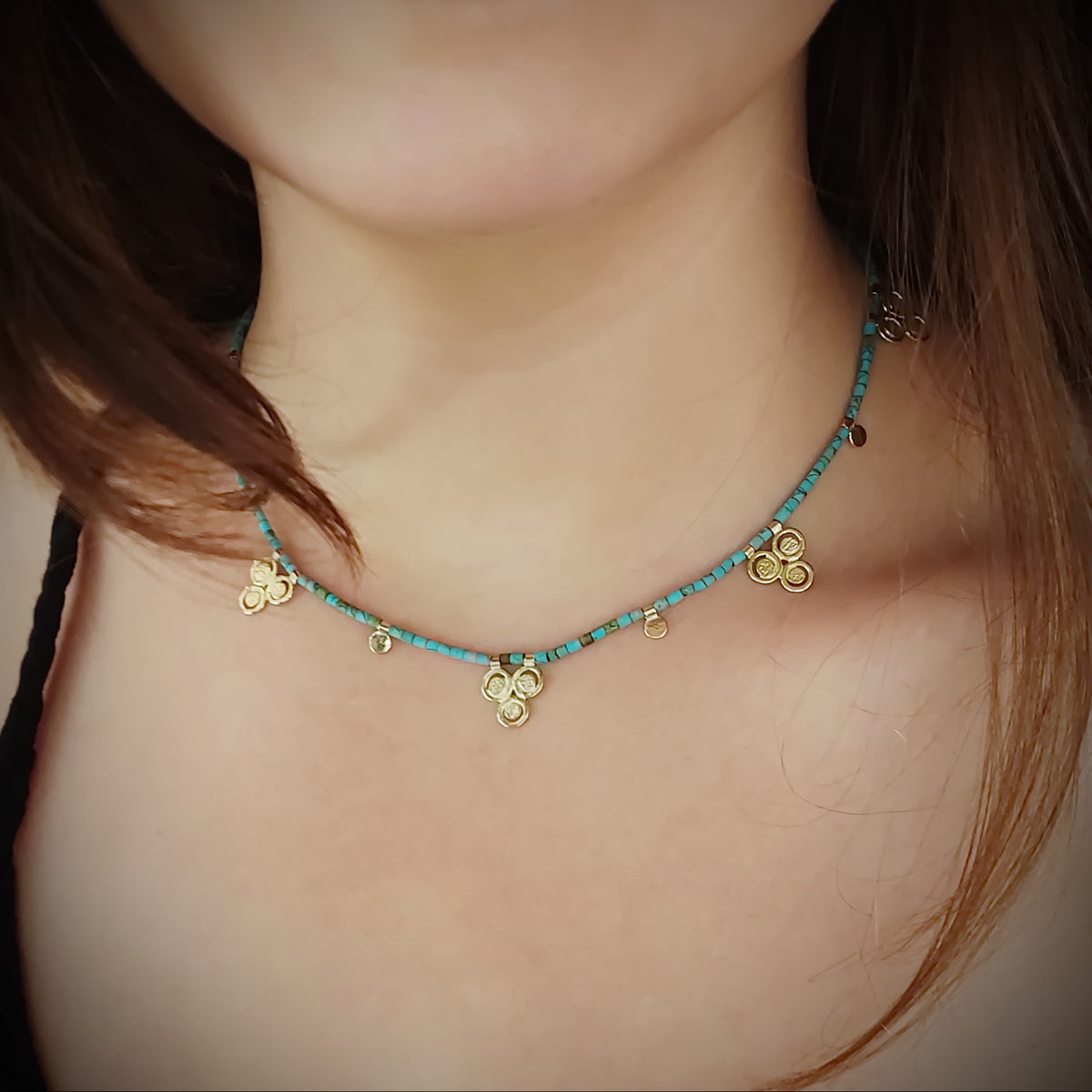 NG4761A Bohemian Gold Station Necklace with Turquoise