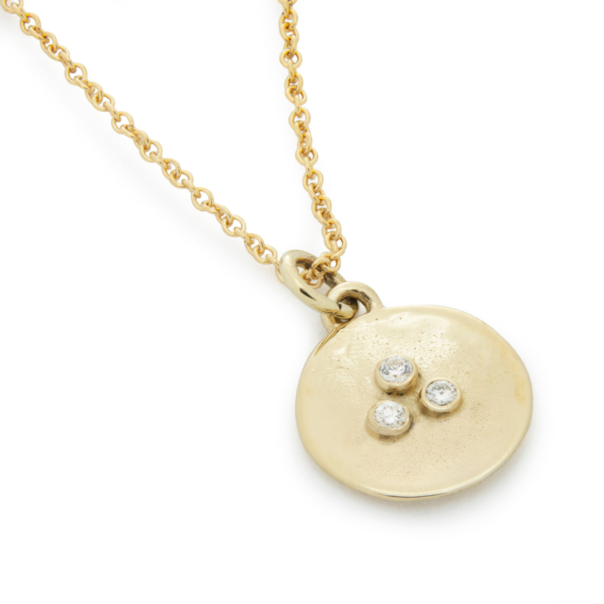 NG4767A Gold Round Charm Necklace with Three Diamonds