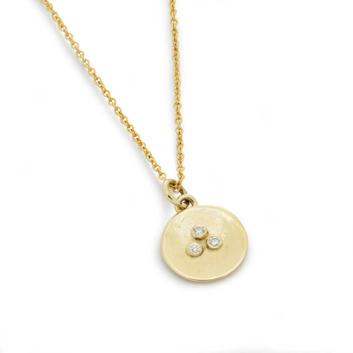 NG4767A Gold Round Charm Necklace with Three Diamonds