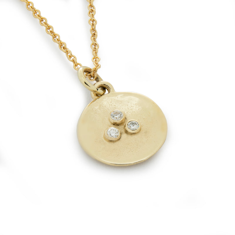 NG4767A Gold Round Charm Necklace with Three Diamonds