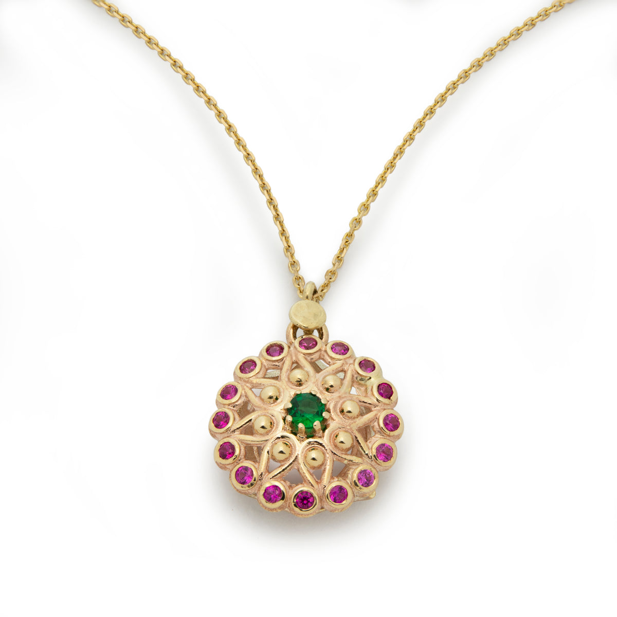 NG4767 Gold Flower Charm Necklace with Emerald and Ruby